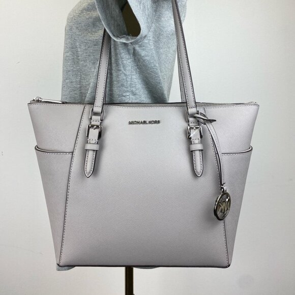 Michael Kors Charlotte Large Saffiano Leather Top-Zip Tote Bag in Pearl Grey - Picture 1 of 7
